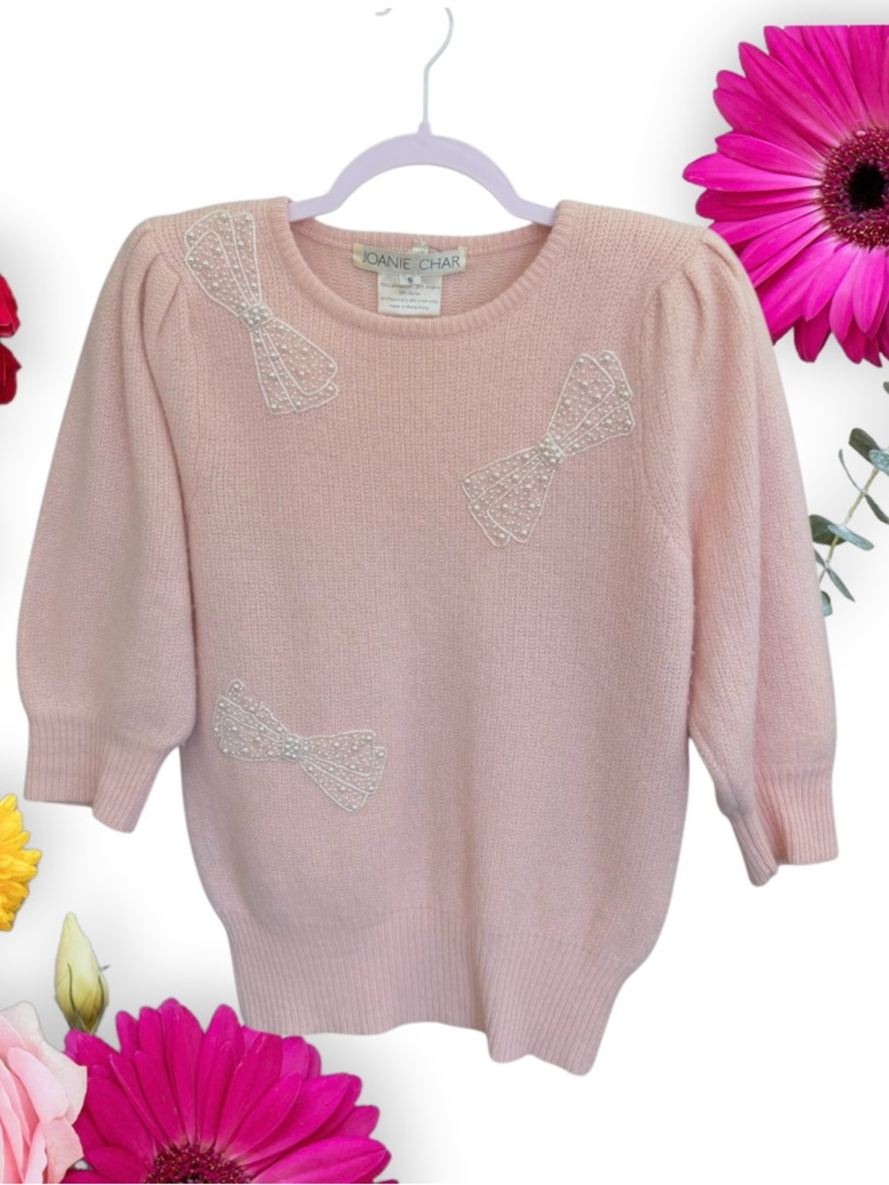Joanie Char Vintage Wool-Angora Blend Pink Crewneck Sweater with Bow Appliqués